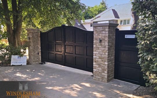 S-Top Timber Gates with Brick Piers and Pedestrian Gate